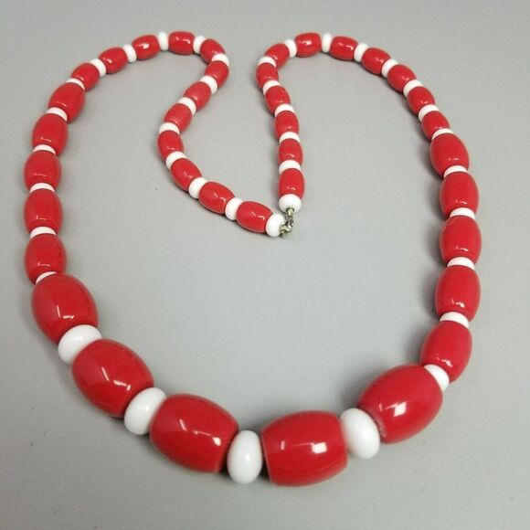 Vintage Long Red and White Beaded Necklace, Plastic Graduated Size, Statement - Picture 1 of 6